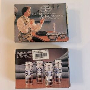 Paul Revere NWT (2 boxes) Silver Plated 4 Piece Salt/Pepper Set Blue Glass Liner
